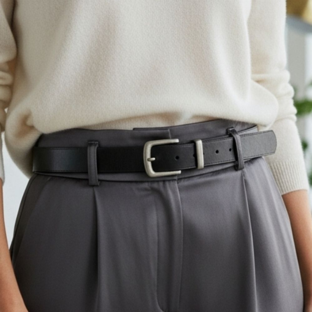 Black Leather Belt with Silver Buckle